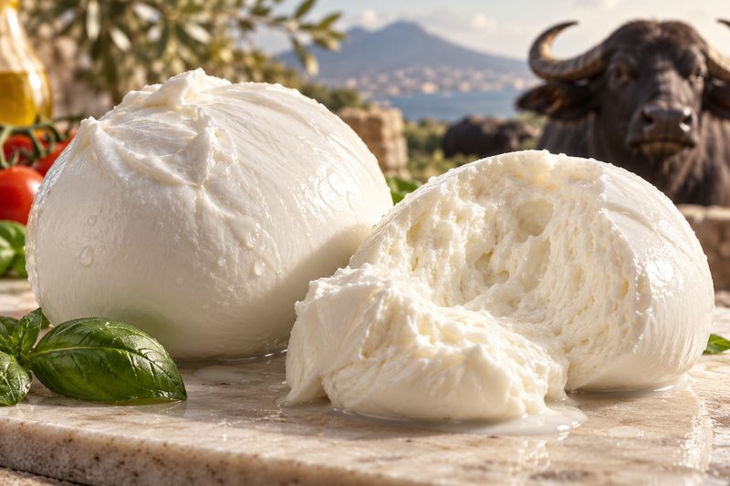 Mozzarella di Bufala Campana DOP su marmo, con il Vesuvio e una bufala sullo sfondo